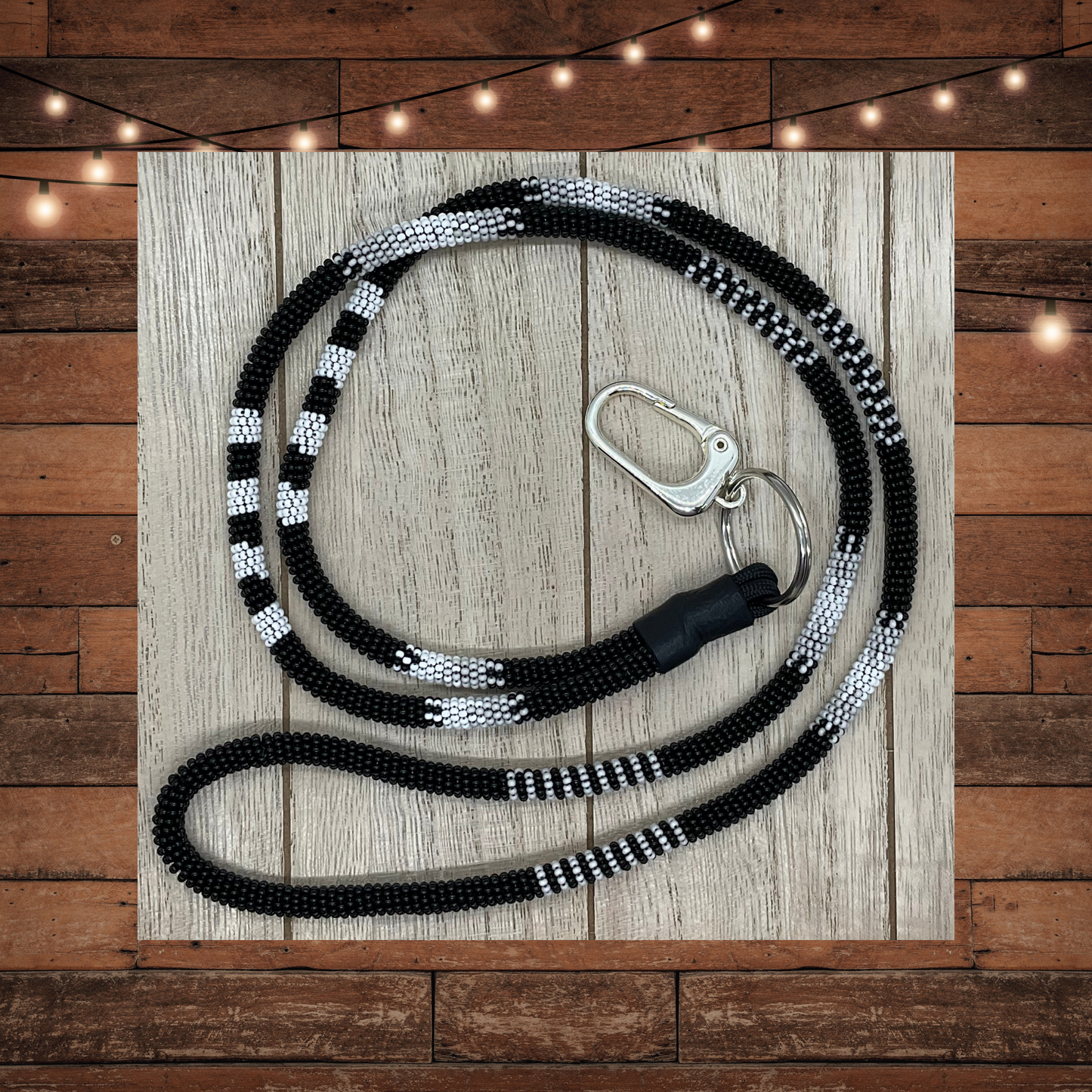 Beaded Lanyard-Black, white and gray