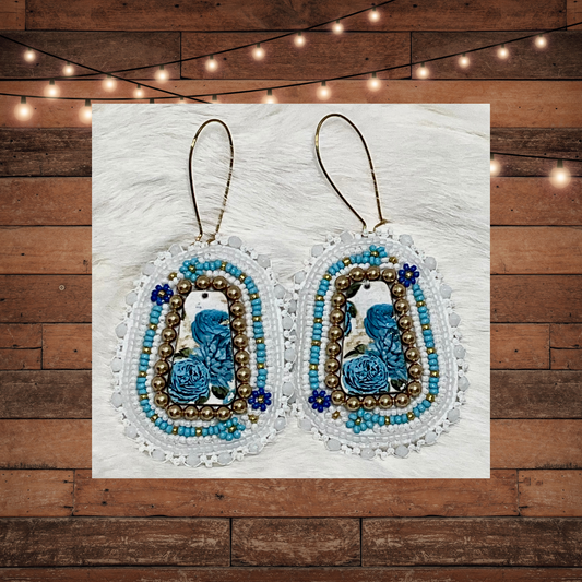 Blue floral Earrings-turquoise, blue, white, gold