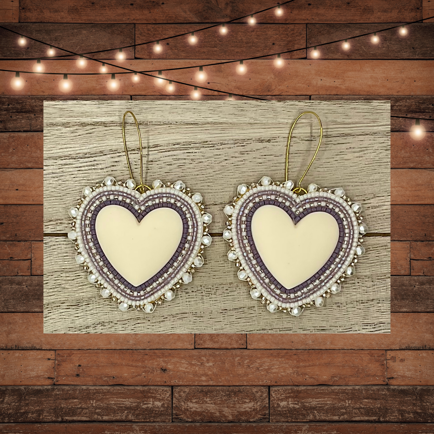 Beaded Heart Earrings-Lavender with ivory