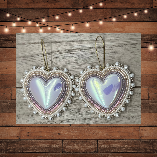 Beaded Heart Earrings-Purple iridescent with ivory